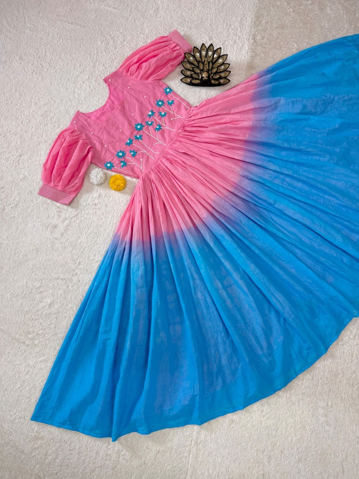 Soft Mul Cotton Ombre Gown with Pearl & Thread Handwork